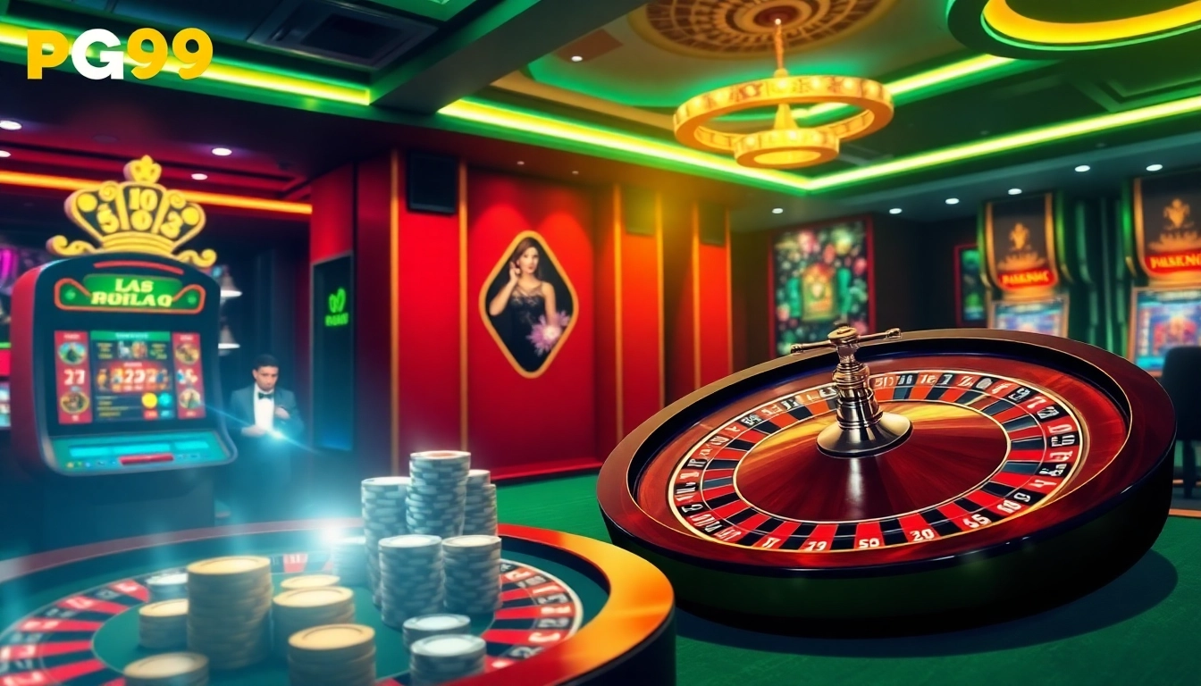 Exciting online gambling interface featuring trang chủ pg99 with poker chips and roulette wheel.
