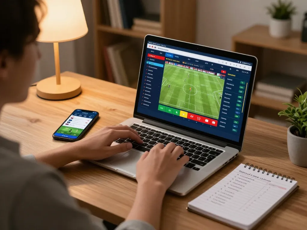 Person using a laptop for tin soi kèo betting on soccer games, vibrant screen displaying live odds.