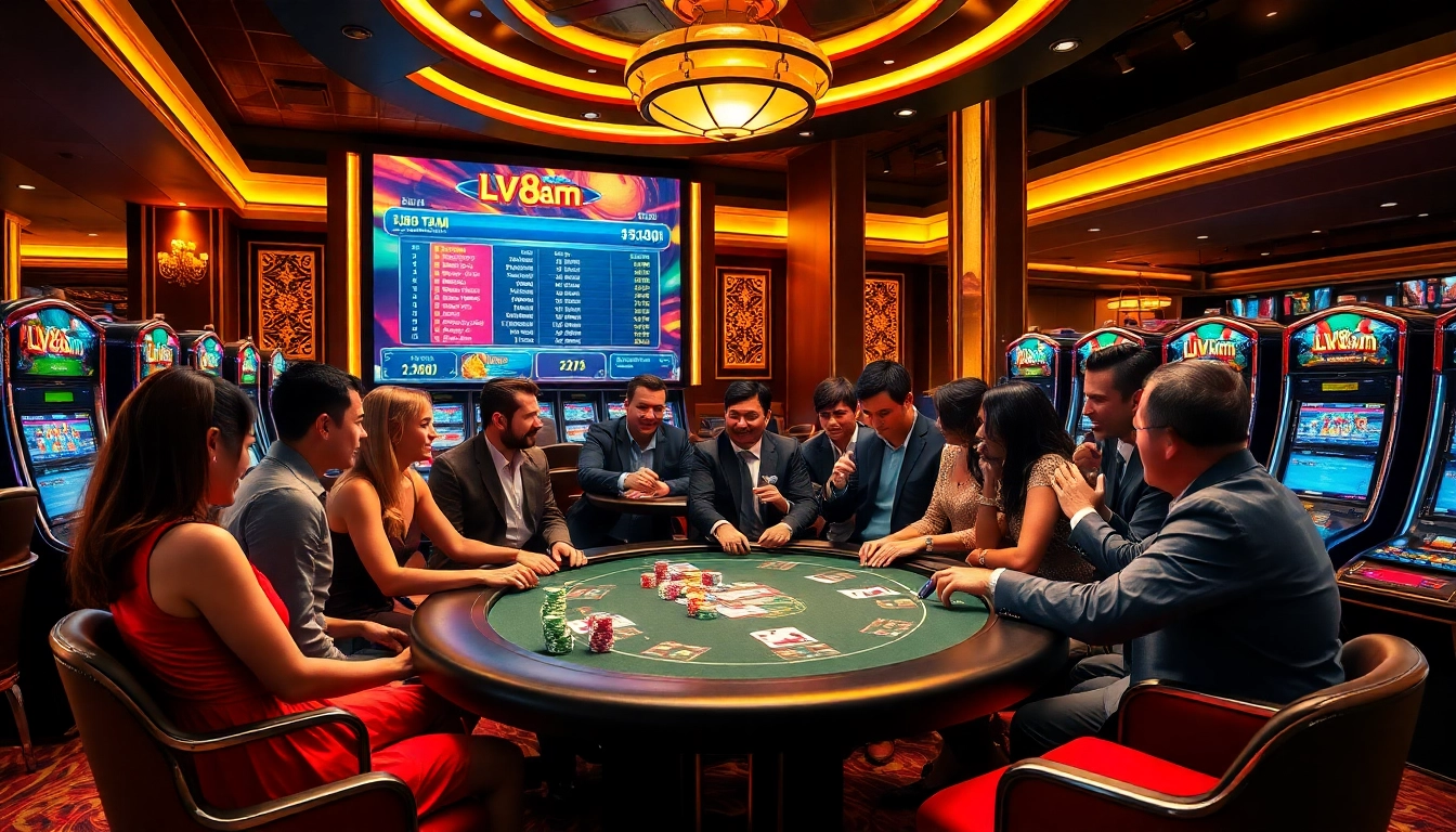 Cheerful players engaging in strategic poker at lv88.team winnings table amidst vibrant casino lights.