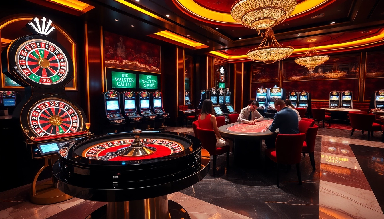 Players enjoying the excitement of a casino at https://kk55.global/, featuring roulette wheels and poker tables.