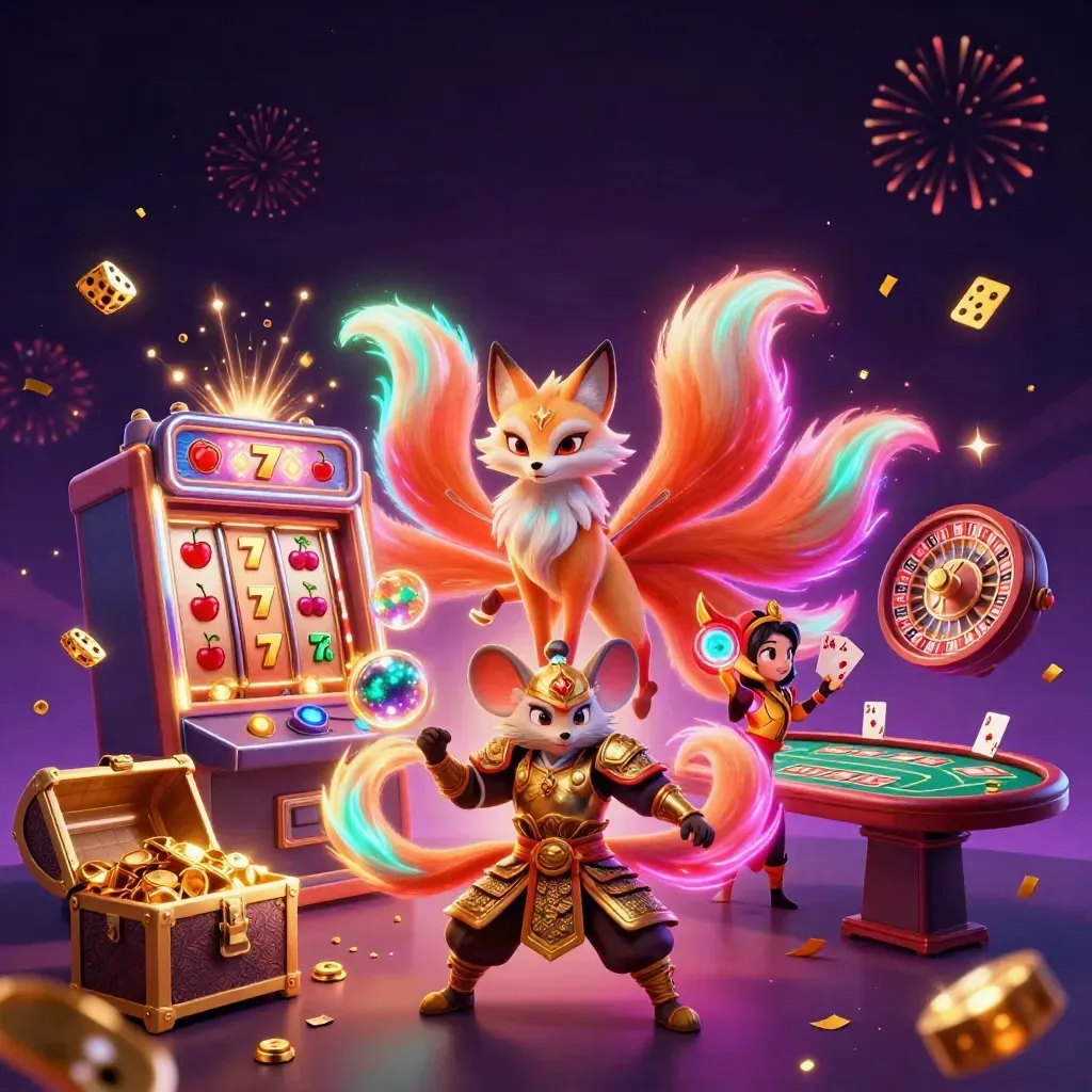 Fox spirit and armored mouse amid exploding casino magic, treasure, and neon light.