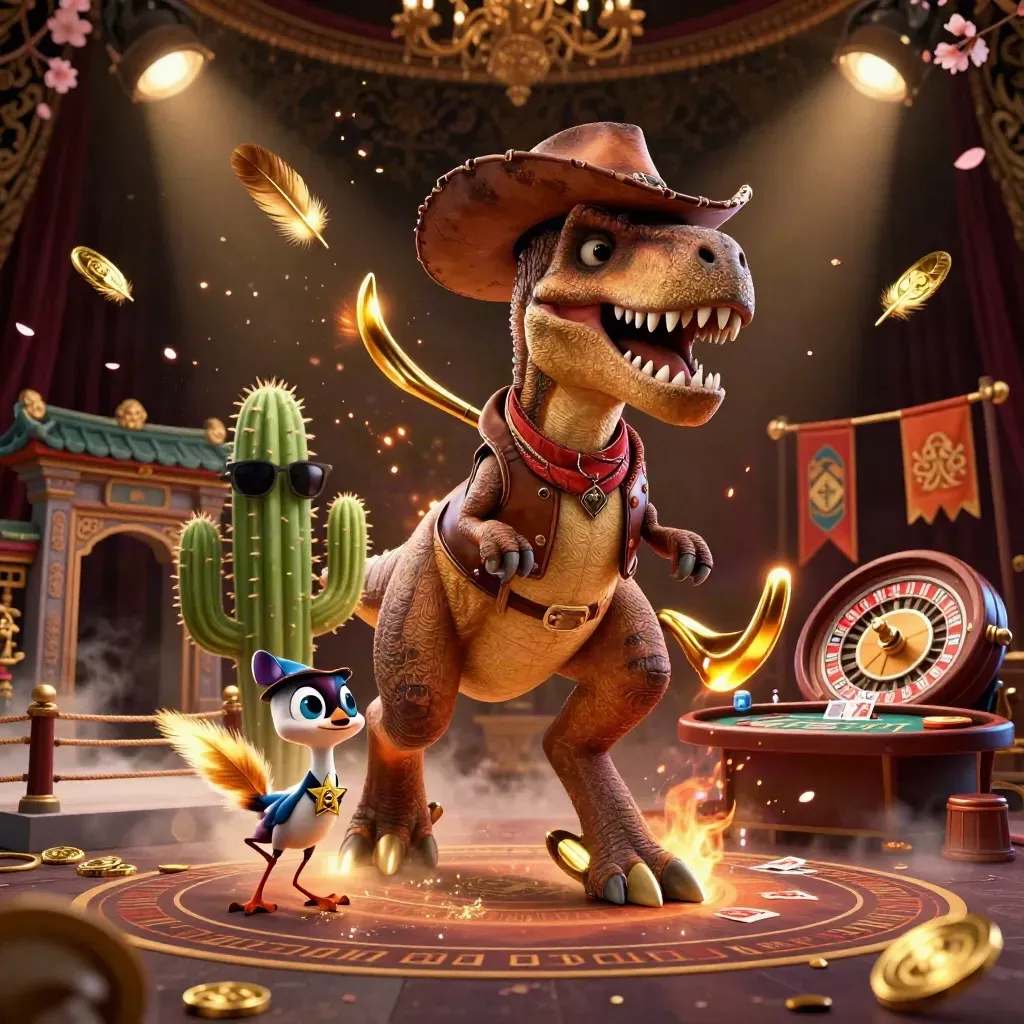 Cowboy T-Rex, cactus sidekick, and roadrunner amid casino treasure and temple ruins.