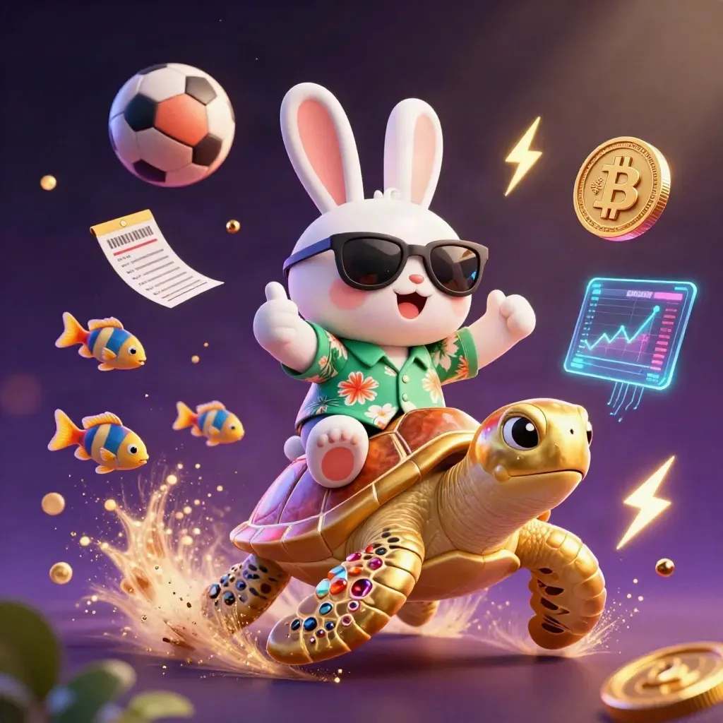 Lucky rabbit on a gold turtle amid sports balls, crypto coins, and neon casino effects.