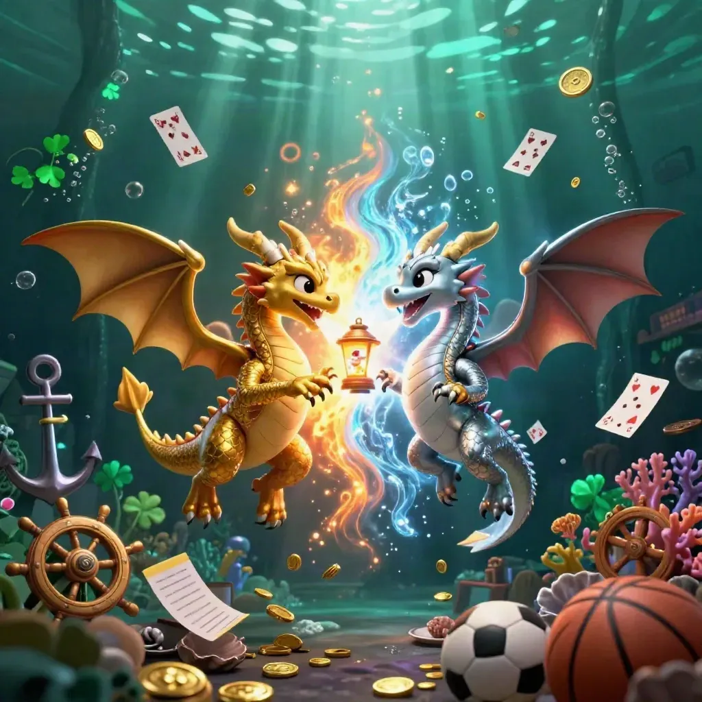 Gold and silver dragons clash over treasure in a glowing underwater cove with bubbles and coins.