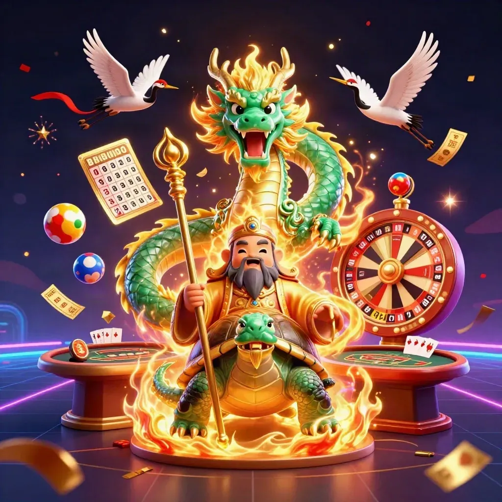 Emerald dragon, turtle sage, and cranes amid casino magic, fire, coins, and a spinning prize wheel.