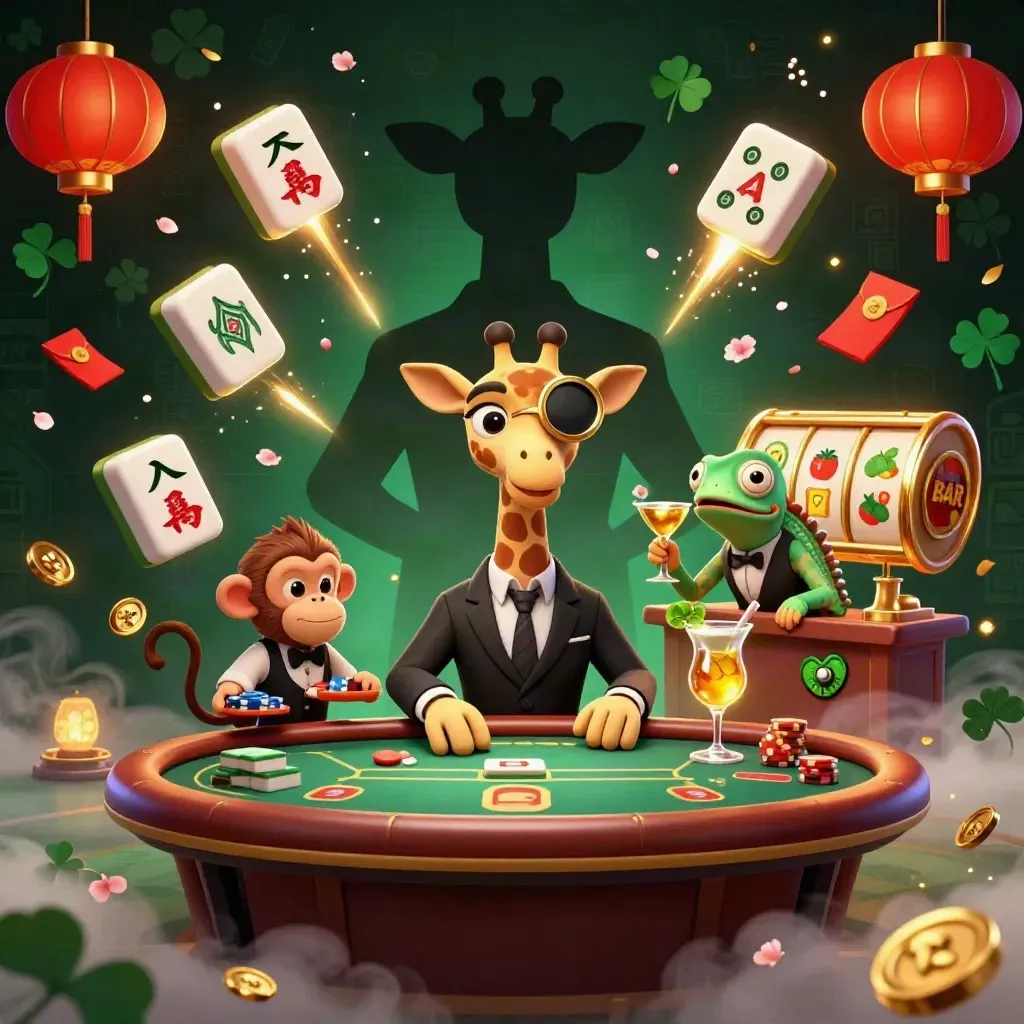Giraffe high roller, monkey valet, and chameleon bartender at a glowing casino table.