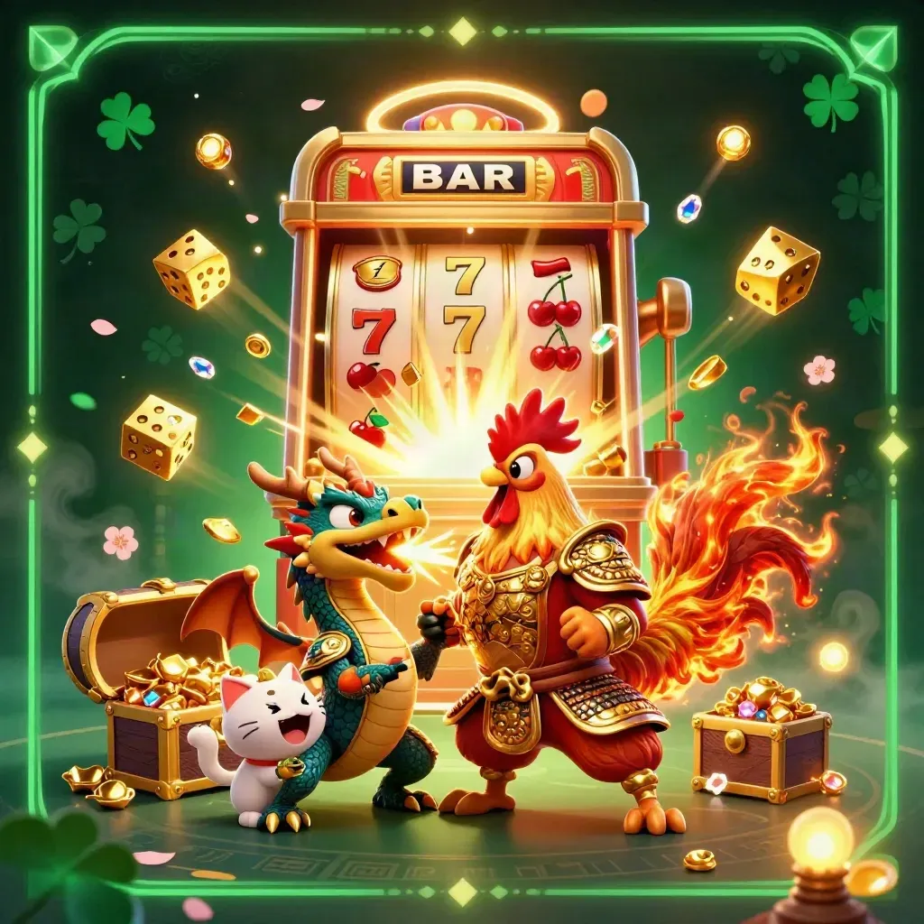 Rooster warrior, dragon hatchling, and fortune cat amid bursting slot magic and gold