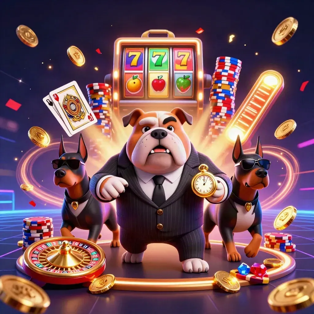 Mafia bulldog and Dobermans burst through casino coins, cards, chips and gold sparks