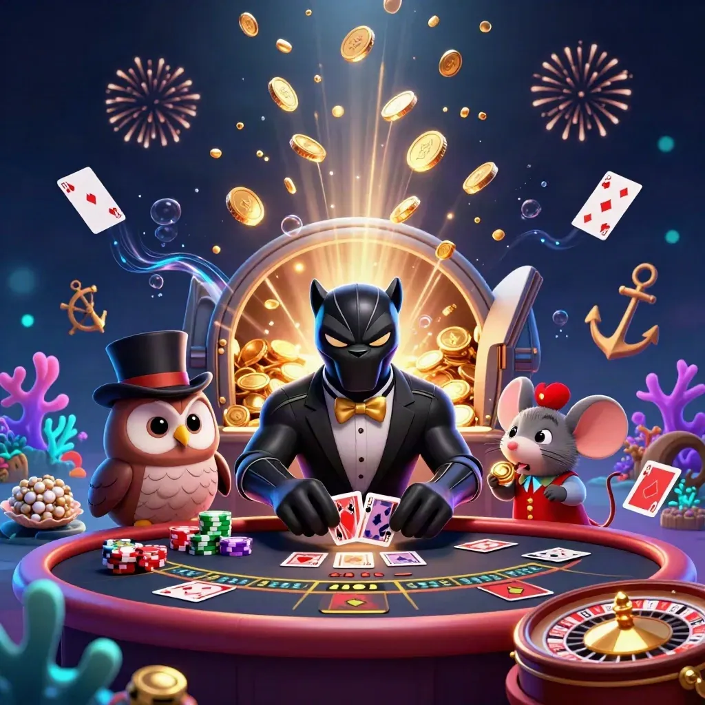 Panther, owl, and mouse celebrate amid coins, cards, coral glow, and neon treasure light.