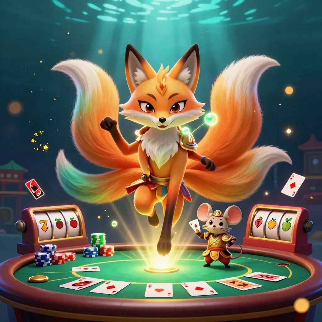Fox spirit and samurai mouse amid casino chips, aces, reels, and glowing underwater light.