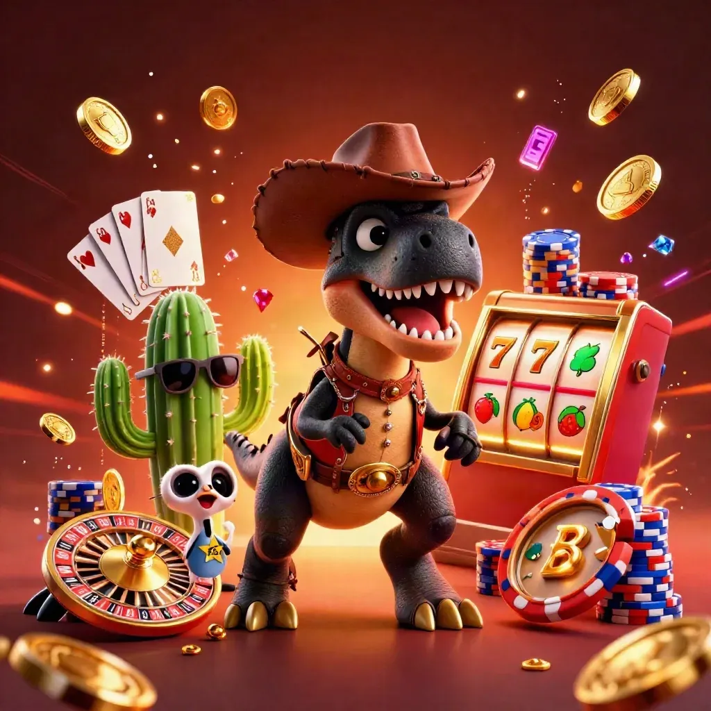 Cowboy T-Rex, cactus sidekick, and sheriff roadrunner amid neon casino coins and fiery effects.