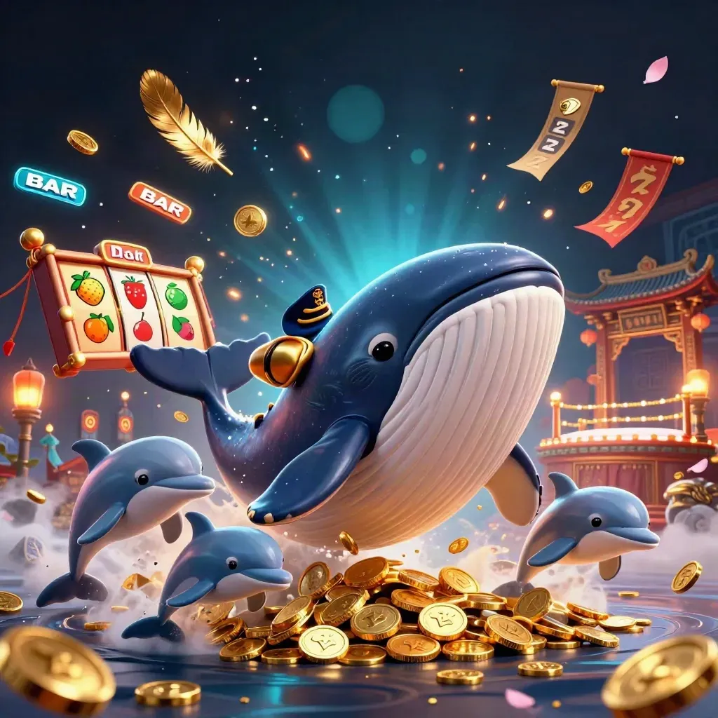 Whale captain, narwhal, and dolphins in a neon casino burst with coins, reels, and jackpots.