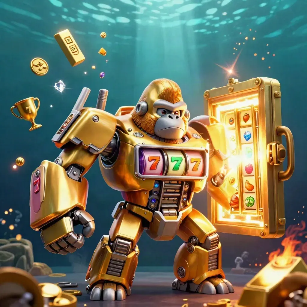 Golden gorilla slot-mech with monkey pilot, vault blast, gold, gems, and casino symbols.
