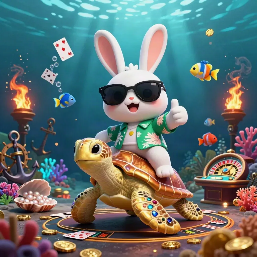 Lucky rabbit rides a gold turtle through a neon treasure cove with casino elements.