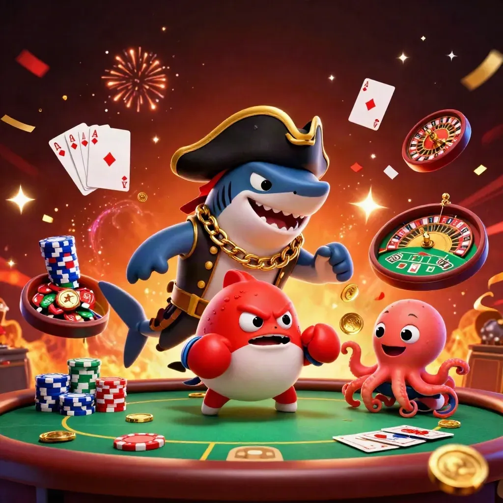 Shark captain, pufferfish boxer, and coin-juggling octopus amid casino cards and chips.