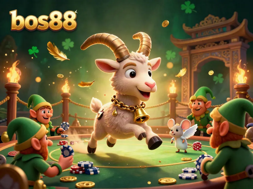 Engage with bos88's thrilling casino scene featuring a Krampus goat, angel mouse, and gremlins.