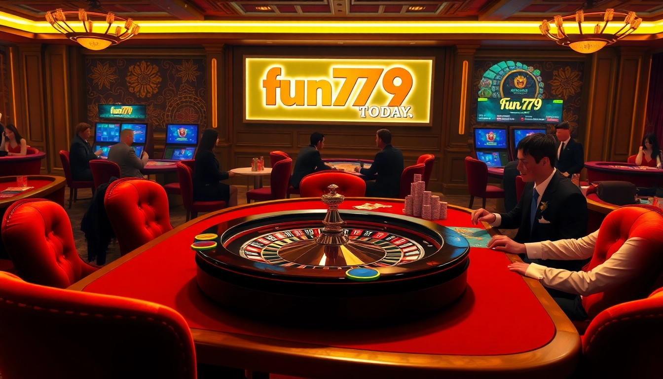 Experience the thrill of fun79.today at this vibrant casino scene featuring poker chips and a spinning roulette wheel.