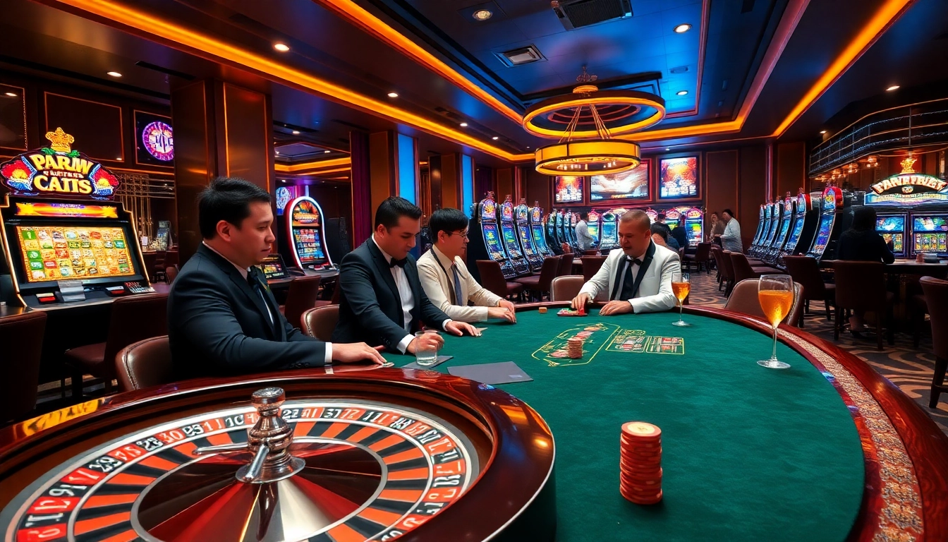 MM 88 casino scene showcasing excitement with poker players and vibrant slot machines