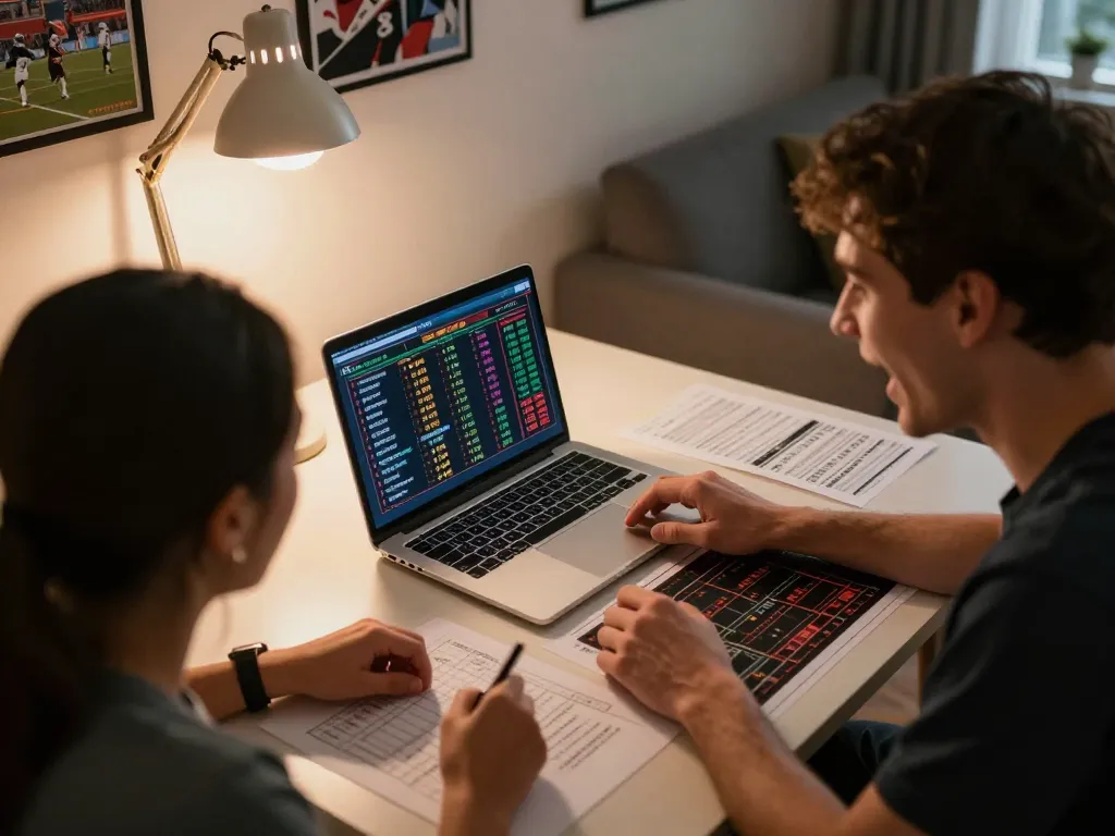 Soi kèo action as a person analyzes betting odds on a laptop during an enthusiastic sports betting session at home.