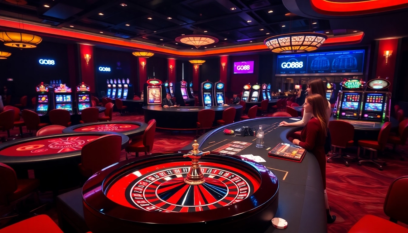 Players enjoying a thrilling game at GO88 casino, showcasing vibrant tables and slot machines.