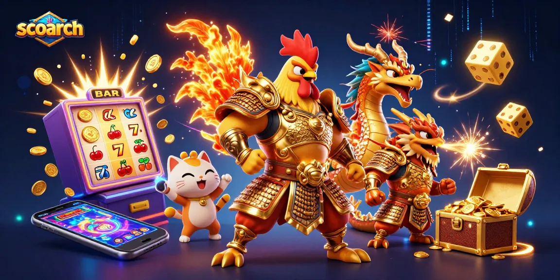 Engage in thrilling gameplay with scoarch's 3D casino warriors amidst slot jackpots and vibrant casino elements.
