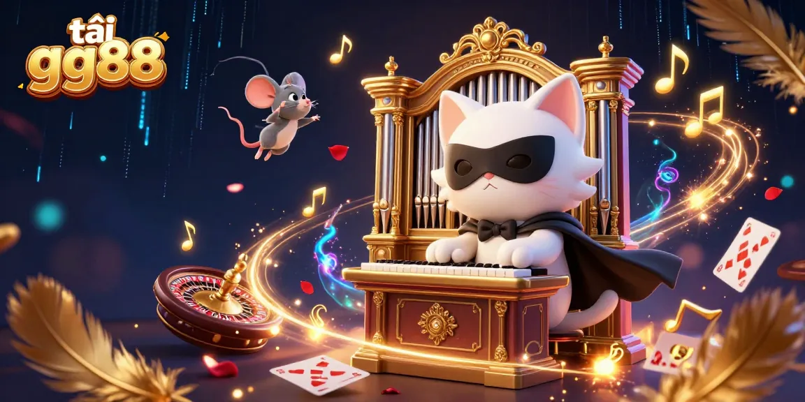 Experience the thrill of tải gg88 with a vibrant 3D casino scene featuring a phantom cat at a pipe organ amid colorful gaming elements.
