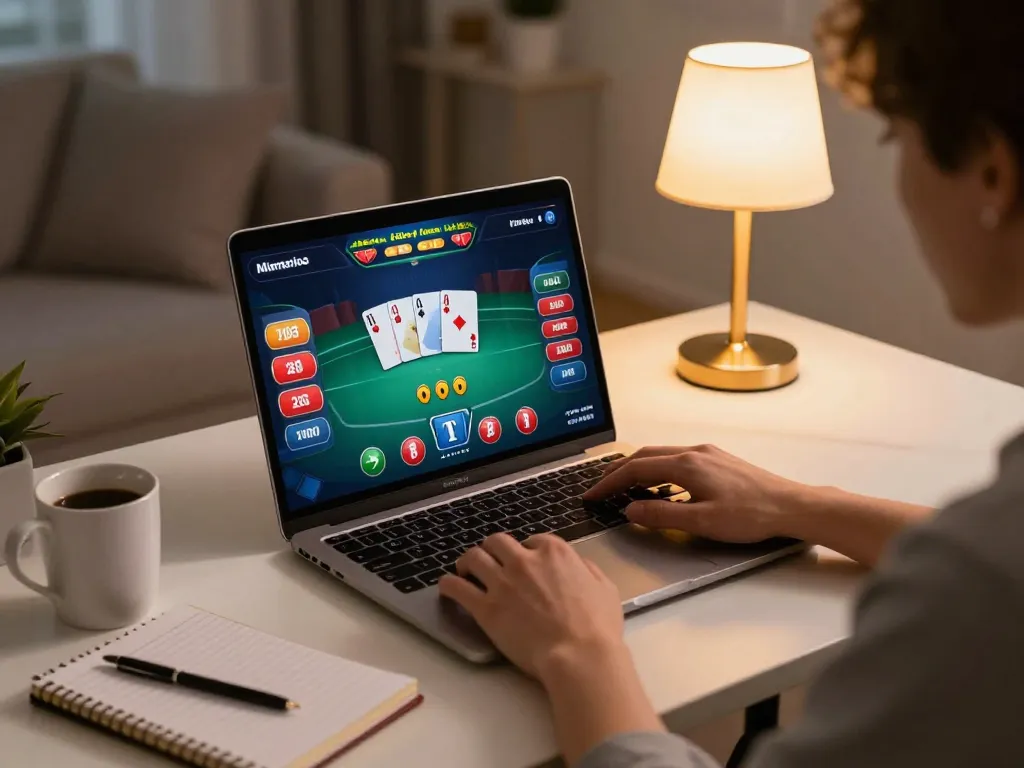 Player enjoying a poker game on Gameradar platform with strategic notes and a cozy setup.