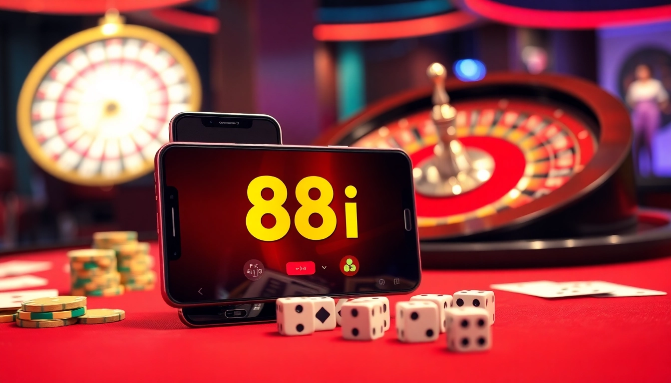 Engage in thrilling online casino action with 88i on a smartphone amid vibrant gaming elements.