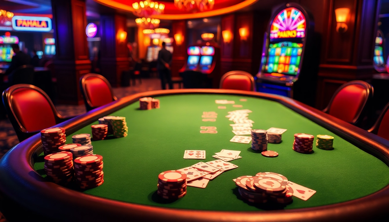 Experience the thrill of gambling with pahala4d at a luxury poker table surrounded by vibrant slot machines.