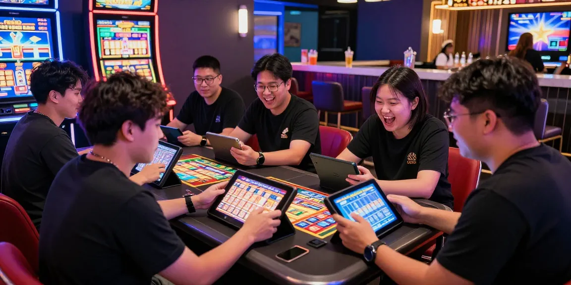 Excited players enjoying pajaktoto gaming experience with tablets and vibrant atmosphere.