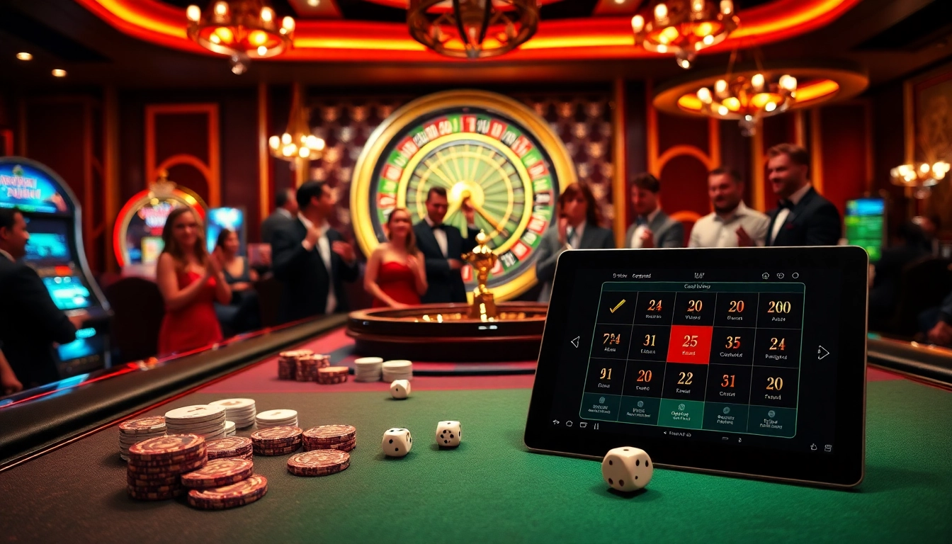 Engage in thrilling gambling experiences at https://f8bet.dental/ with a casino scene showcasing poker and roulette.