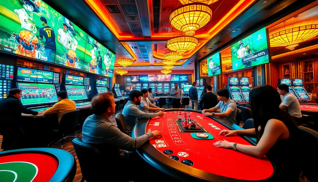 C168 casino atmosphere with vibrant gaming tables, sports betting, and modern technology