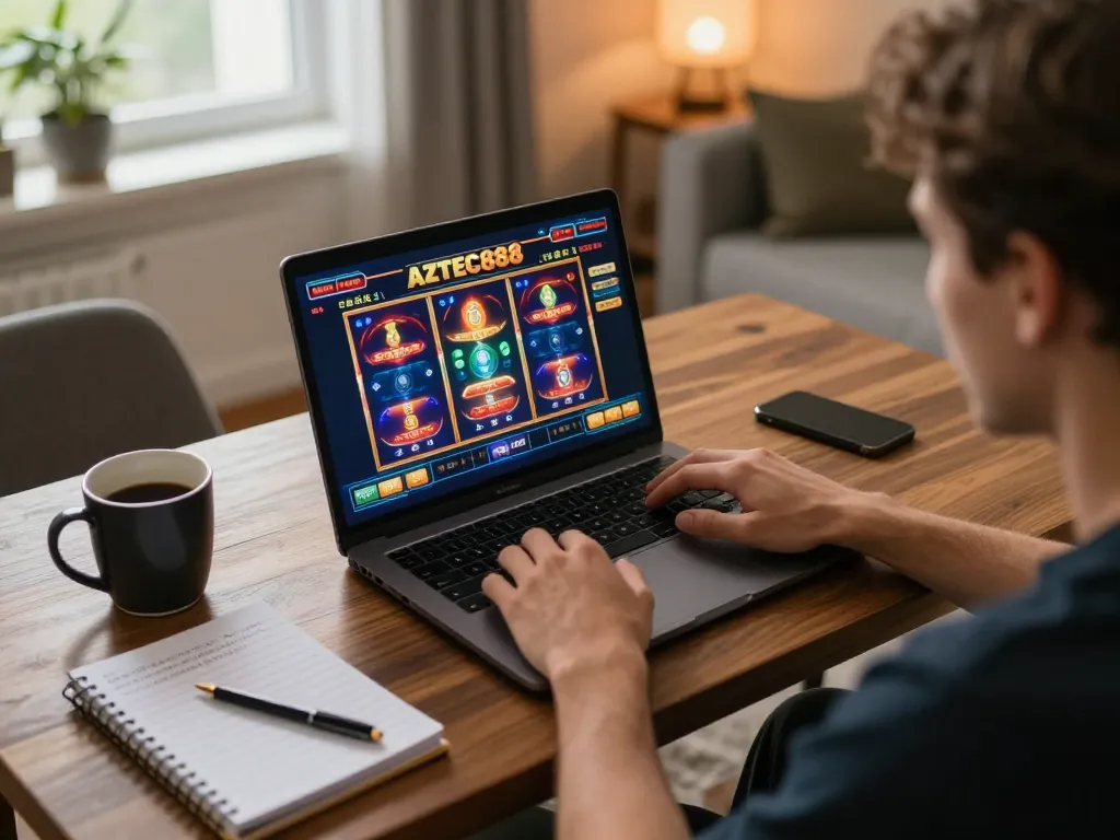 Person enjoying AZTEC888 slots on their laptop in a cozy living space, emphasizing relaxed online gambling.