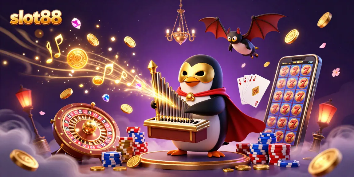 Play exciting slots today at slot88 featuring a cartoon penguin creating golden coins from an organ amidst vibrant casino elements
