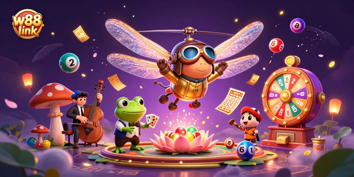Experience the excitement of W88 link with vibrant casino elements featuring a dragonfly pilot and frog croupier.