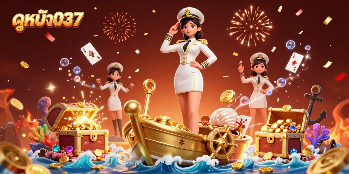 Play the exciting ดูหนัง037 casino adventure with an elegant Asian woman amidst golden treasures and vibrant game elements.