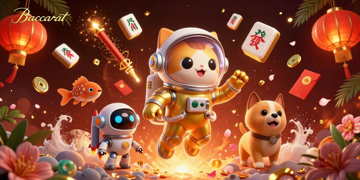 Baccarat table scene with a floating astronaut cat and robot dog amidst vibrant casino elements, showcasing lively game action.
