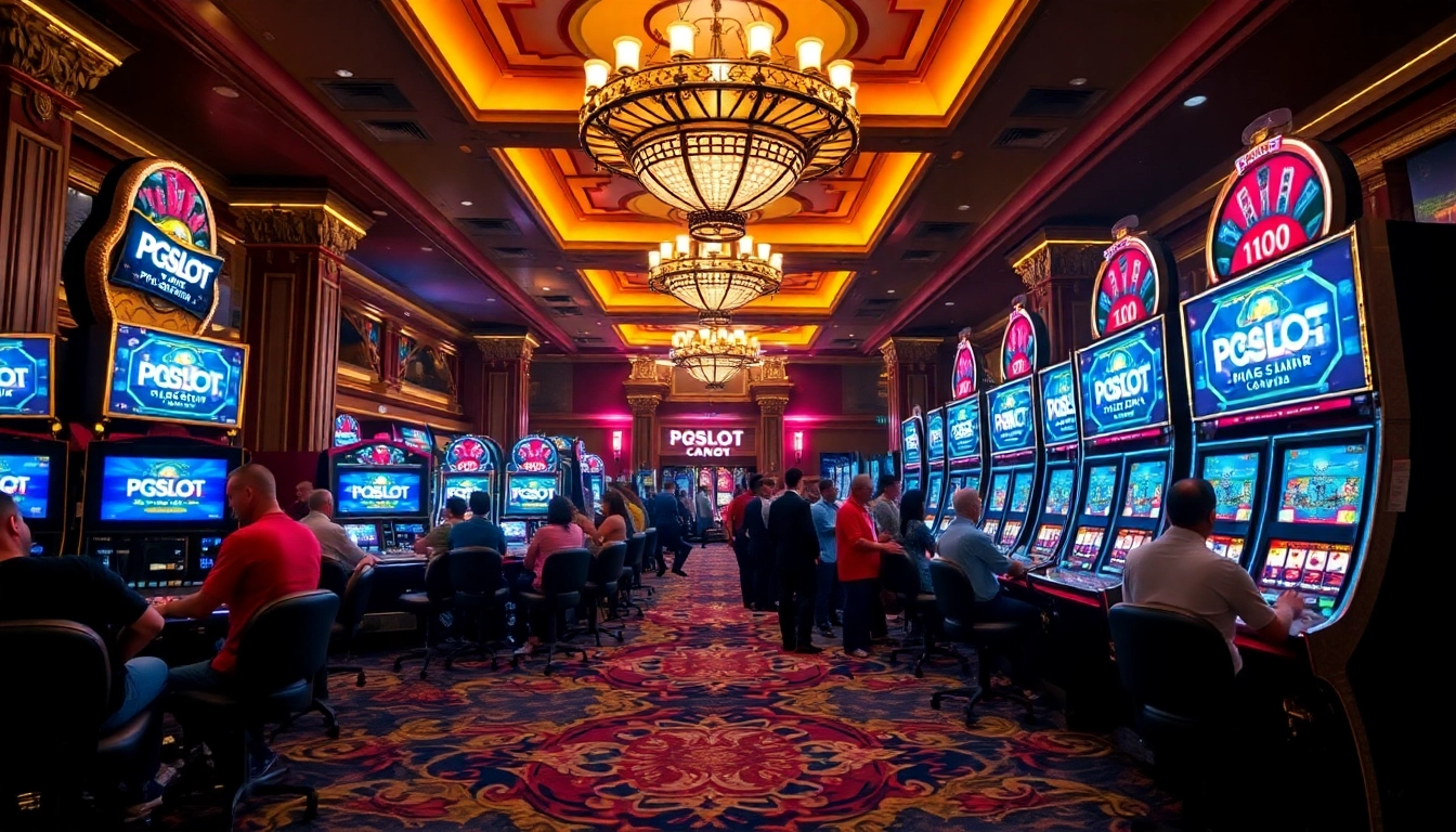 Excited players enjoying PGSLOT games in a vibrant, luxurious casino atmosphere.