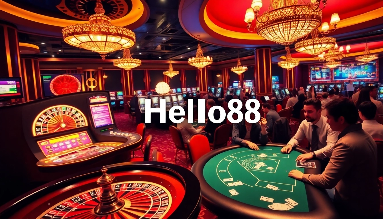 Players enjoying exhilarating games at Hello88 casino, showcasing poker tables, roulette wheels, and vibrant slot machines.