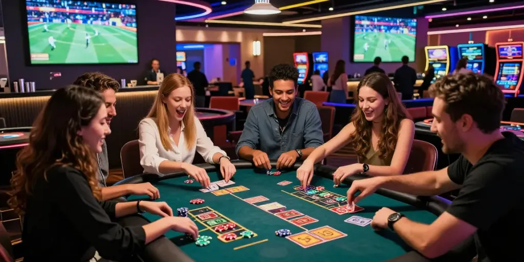 Engaging gaming scene at a casino featuring friends enjoying lotus365 card games, vibrant atmosphere with colorful chips and live sports.