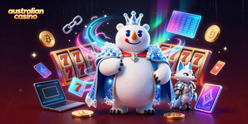 Experience the excitement of winning at an australian casino with vibrant slot reels and glowing crypto coins.