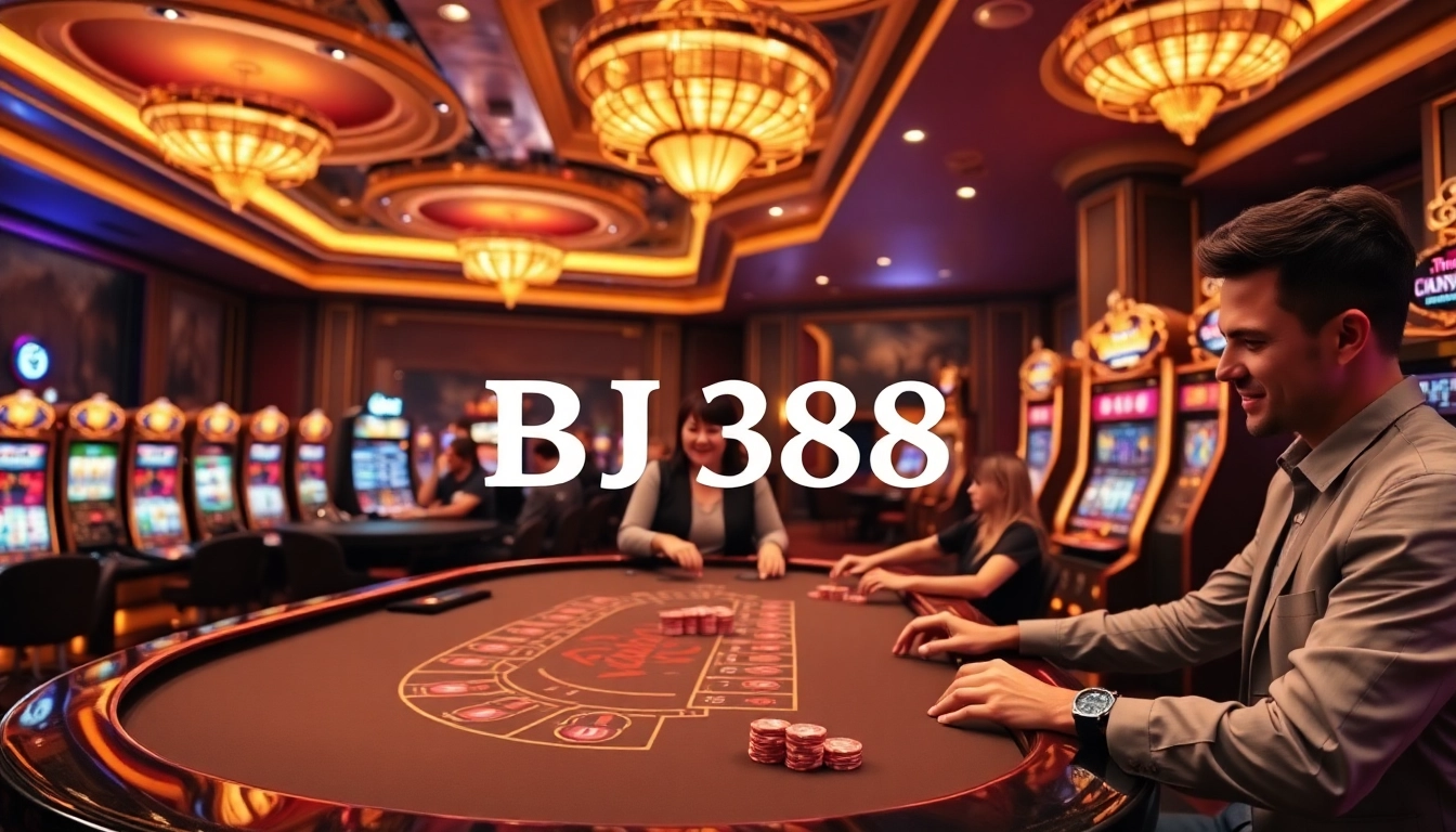 Experience BJ388's vibrant online casino with gaming tables and eager players.