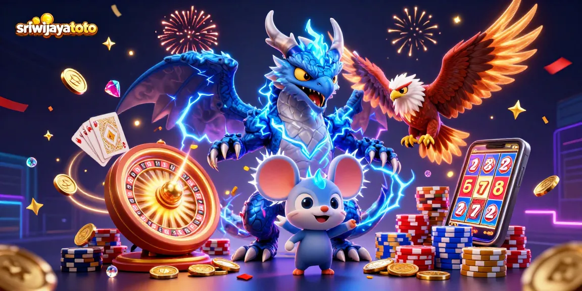 Sriwijayatoto showcases a dynamic casino scene with a thunder dragon, wind hawk, and coins swirling around.