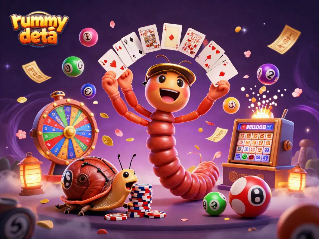 Menghadirkan suasana permainan rummy deity dengan ilustrasi kartun yang menampilkan dealer dan karakter menarik