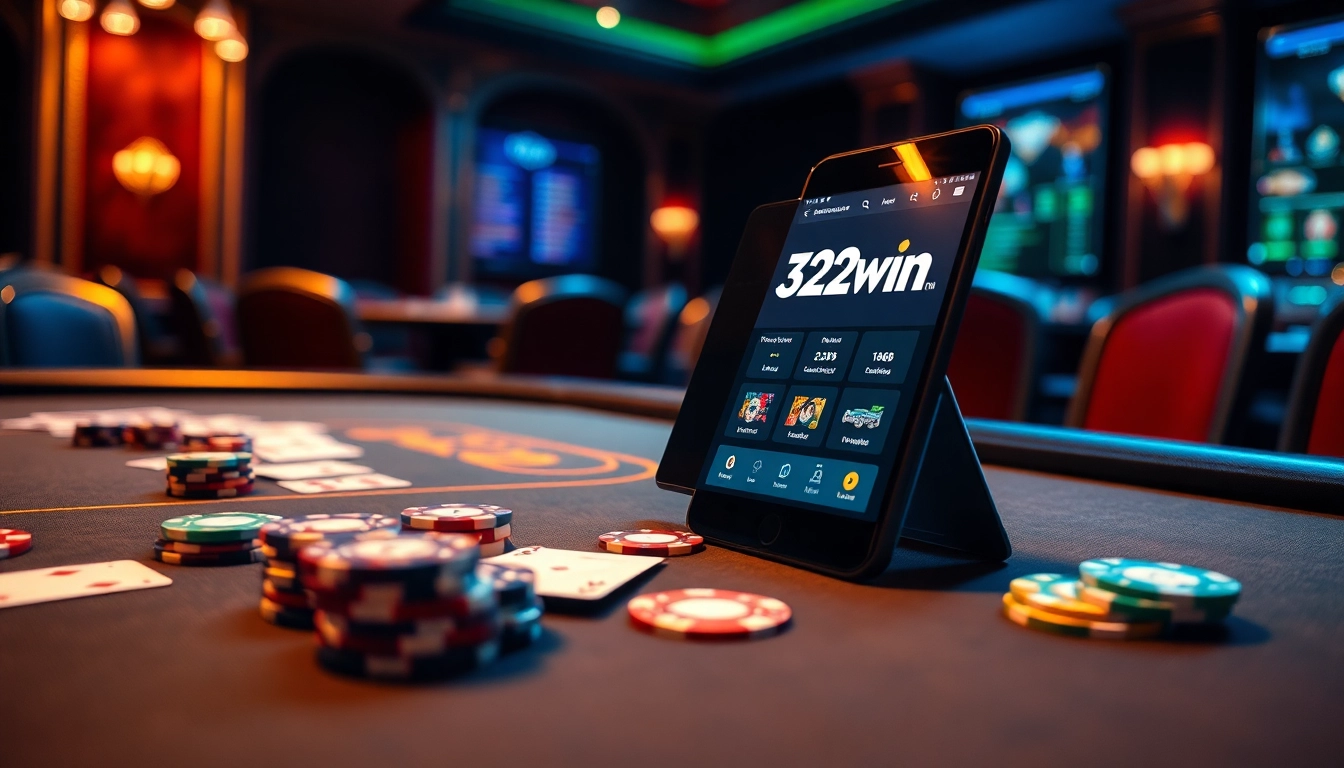 32win platform showcased on a luxurious poker table with colorful chips and playing cards