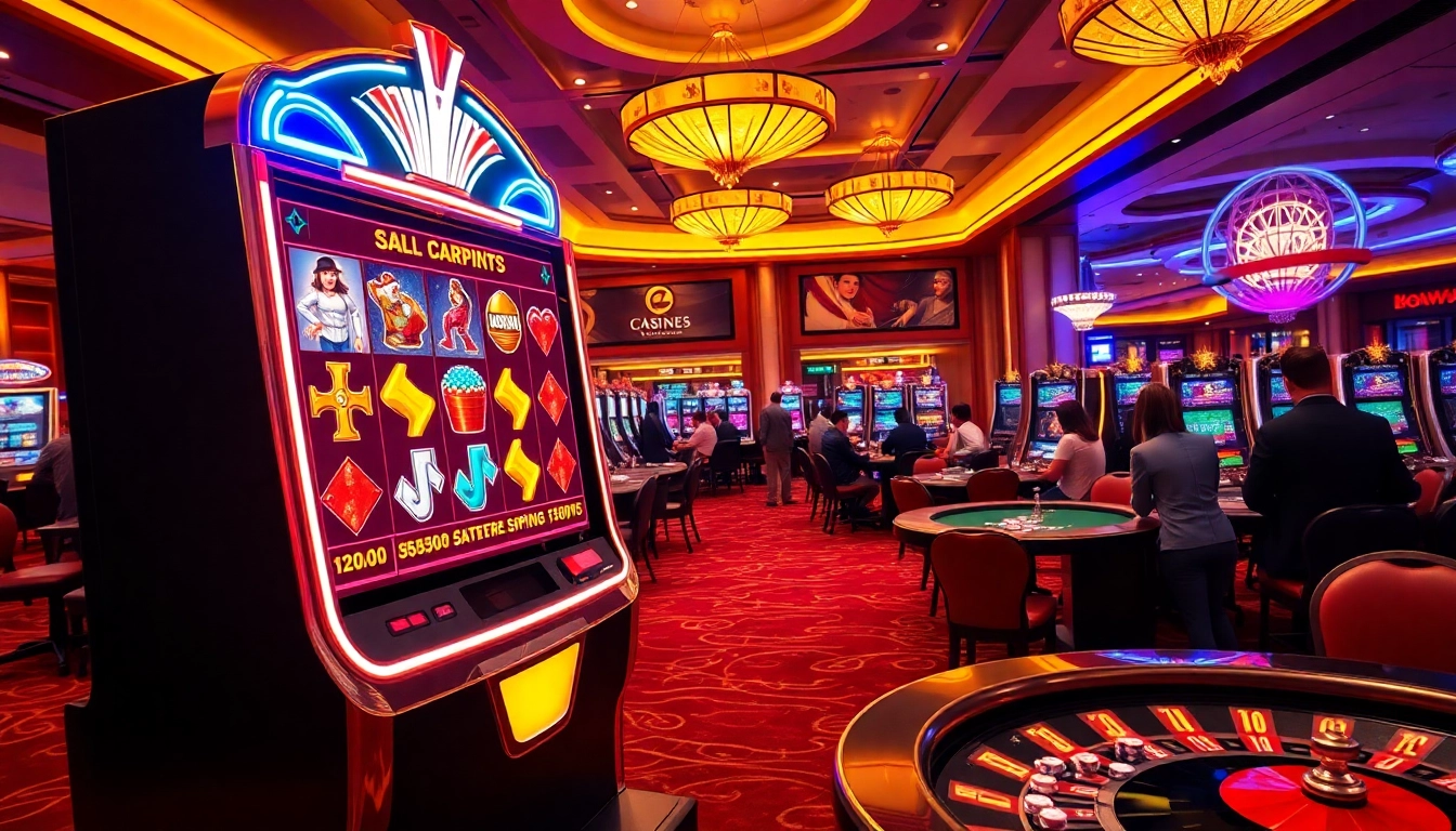 Experience thrilling gaming with QQMacan at this stunning casino scene featuring vibrant slot machines.