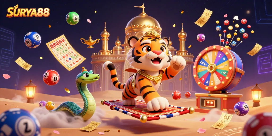 Play and win with SURYA88 in this vibrant 3D casino-themed illustration filled with excitement.