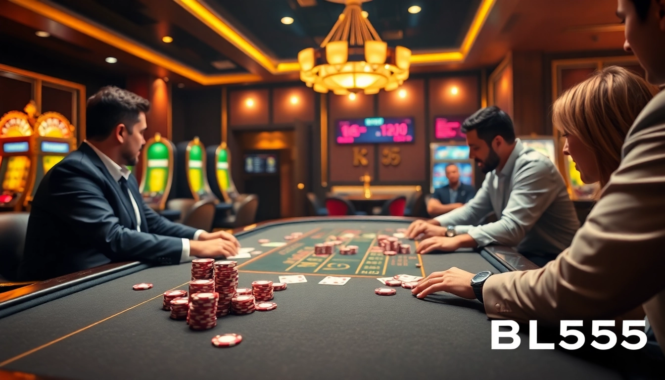 Engage in high-stakes play at BL555's luxurious poker tables with vibrant casino elements.