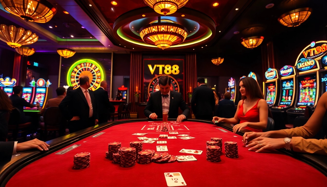 Exciting poker gameplay at VT88 casino, showcasing high-stakes action and vibrant gambling atmosphere.