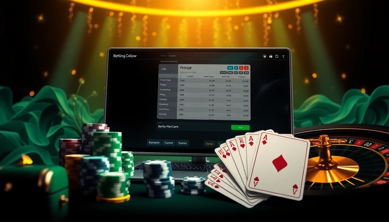 Engage in Betting Online Now with a dynamic online gambling interface surrounded by poker chips and a roulette wheel.